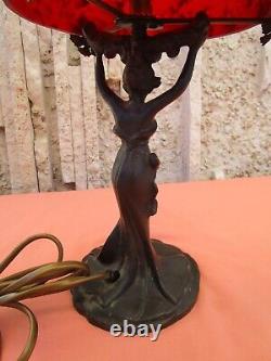 Lampe De Bureau A La Femme De Style Art Nouveau, Bronze Et Pate De Verre