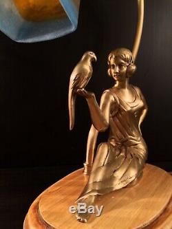 Lampe Femme Bronze Art Déco / Art Nouveau, Tulipe Signée Muller Frères