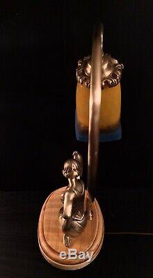 Lampe Femme Bronze Art Déco / Art Nouveau, Tulipe Signée Muller Frères