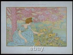 Le Jardin, Popineau -1898- Lithographie, Art Nouveau, Femme, Fleurs