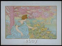 Le Jardin, Popineau -1898- Lithographie, Art Nouveau, Femme, Fleurs