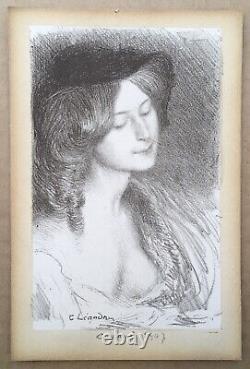 Lithographie Ancienne Charles Léandre Portrait Femme Décolleté 1907 Signé Crayon