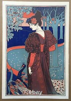 Lithographie Originale Ancienne Entoilée Louis Rhead Femme Paon Art Nouveau 1897