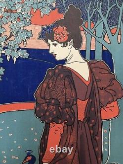 Lithographie Originale Ancienne Entoilée Louis Rhead Femme Paon Art Nouveau 1897