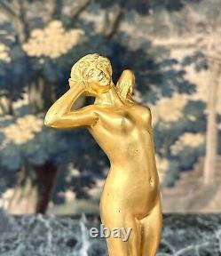 Louis Oury Femme Au Réveil premier Frisson, Bronze Doré Art Nouveau