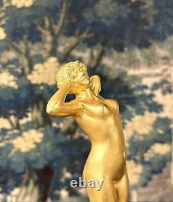 Louis Oury Femme Au Réveil premier Frisson, Bronze Doré Art Nouveau