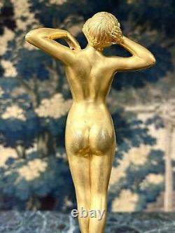 Louis Oury Femme Au Réveil premier Frisson, Bronze Doré Art Nouveau