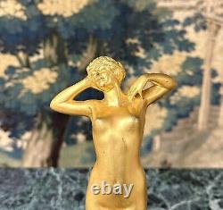 Louis Oury Femme Au Réveil premier Frisson, Bronze Doré Art Nouveau