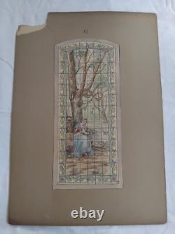Louis Struys Dessin Aquarelle Vitrail Jeune Femme Riviere Arbre Art Nouveau An01