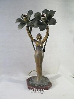 Lucien Bessin Ancienne Lampe Sculpture Femme Art Nouveau Lys Polychrome Marbre