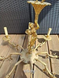 Lustre 8 feux en bronze doré style Lucien GAU Louis XV Femme Art Nouveau