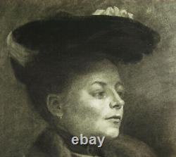 M Berberon dessin original au fusain 1904 élégante femme au chapeau art-nouveau