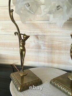 Magnifique Paire De Lampe Femme Nue Signée Moreau Bronze Art Nouveau