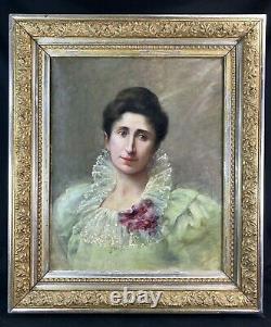 Magnifique Portrait Femme Elegante Art Nouveau 1900 H/t Cadre D'origine Painting