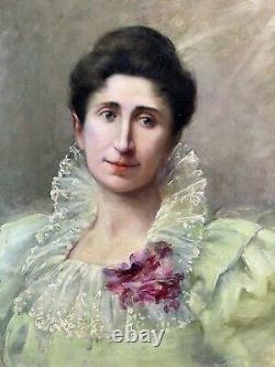 Magnifique Portrait Femme Elegante Art Nouveau 1900 H/t Cadre D'origine Painting