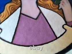 Magnifique plat en émaux sur cuivre, jeune femme stylisé art déco /art nouveau