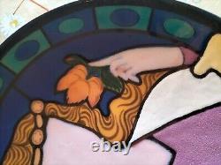 Magnifique plat en émaux sur cuivre, jeune femme stylisé art déco /art nouveau