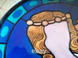 Magnifique plat en émaux sur cuivre, jeune femme stylisé art déco /art nouveau