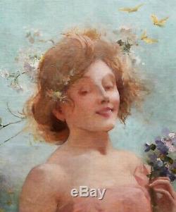 Marie Félix Hippolyte LUCAS tableau portrait femme ART NOUVEAU papillons fleurs