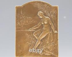 Médaille Plaque Bronze Art Nouveau- 1905 BORREL FEMME NUE Partie de pêche