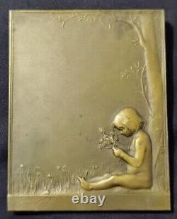 Medaille Plaquette Bronze? Daniel Dupuis Femme Enfant Jardin? Art Nouveau