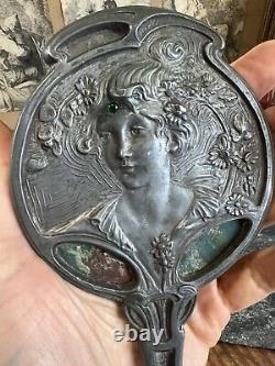 Miroir Face a Main Art Nouveau Visage Femme Etain Georges De Feure
