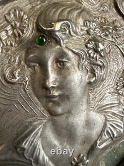 Miroir Face a Main Art Nouveau Visage Femme Etain Georges De Feure