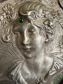 Miroir Face a Main Art Nouveau Visage Femme Etain Georges De Feure