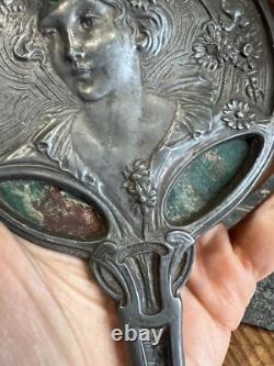 Miroir Face a Main Art Nouveau Visage Femme Etain Georges De Feure