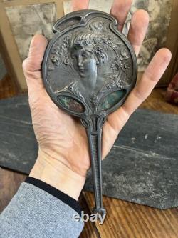Miroir Face a Main Art Nouveau Visage Femme Etain Georges De Feure
