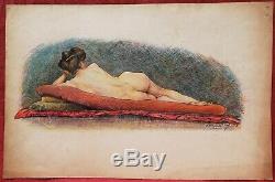 Nu féminin femme nue modèle 1900 école italienne étude dessin aquarelle tableau