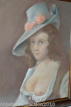 PORTRAIT PASTEL FEMME au CHAPEAU & SEINS Dévoilés ART NOUVEAU fin XIXe non signé