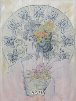 PRIVAT-LIVREMONT Femme iris Tableaux tissés sur soie Art Nouveau Mucha