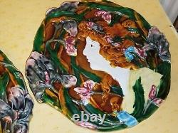 Paire Assiettes/Applique Murale Barbotine Majolique Décor Femme Art Nouveau
