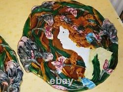 Paire Assiettes/Applique Murale Barbotine Majolique Décor Femme Art Nouveau