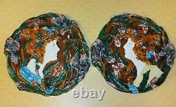 Paire Assiettes/Applique Murale Barbotine Majolique Décor Femme Art Nouveau