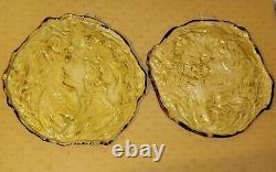 Paire Assiettes/Applique Murale Barbotine Majolique Décor Femme Art Nouveau