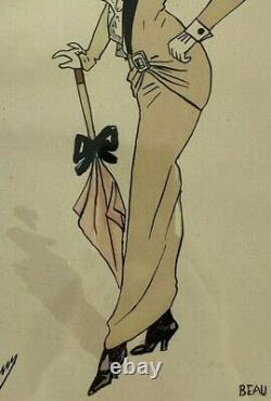 Paire De Dessin Art Nouveau Femme Canne Et A L Ombrelle Par Plume Plum H2497
