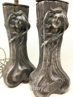 Paire De Lampe Art Nouveau Vers 1900 Régule Femme Signé Flora Antique Lamp