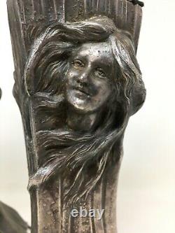 Paire De Lampe Art Nouveau Vers 1900 Régule Femme Signé Flora Antique Lamp