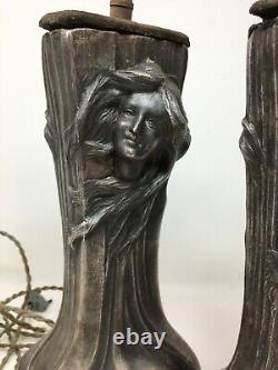 Paire De Lampe Art Nouveau Vers 1900 Régule Femme Signé Flora Antique Lamp
