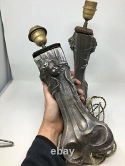 Paire De Lampe Art Nouveau Vers 1900 Régule Femme Signé Flora Antique Lamp