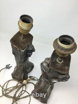 Paire De Lampe Art Nouveau Vers 1900 Régule Femme Signé Flora Antique Lamp