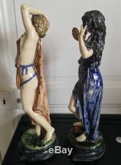 Paire de Femmes Naiades en Céramique barbotine Art nouveau style DECK