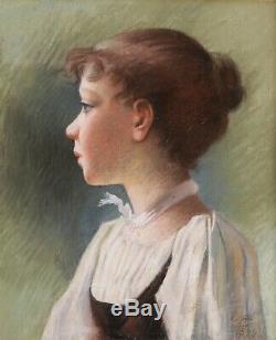 Pastel tableau dessin portrait femme jeune fille enfant profil Art Nouveau 1900