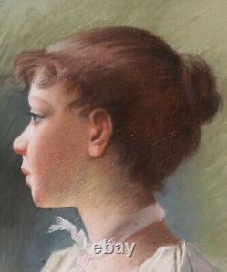 Pastel tableau dessin portrait femme jeune fille enfant profil Art Nouveau 1900