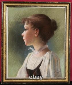 Pastel tableau dessin portrait femme jeune fille enfant profil Art Nouveau 1900