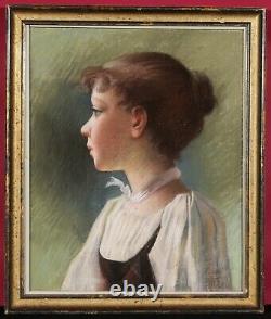 Pastel tableau dessin portrait femme jeune fille enfant profil Art Nouveau 1900