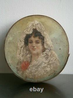 Peinture Huile Portrait Ancien Decor Buste Femme Seville 1900 Mode Andalouse