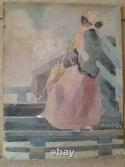 Peinture ancienne femme terrasse belle époque élégante Victor Creten art nouveau